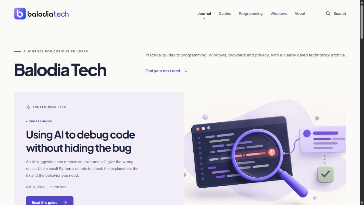 Balodia Tech publication homepage, with practical programming guides.