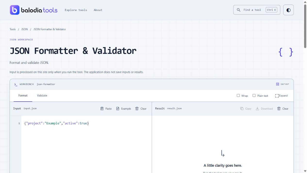 The JSON Formatter workspace in Balodia Developer Tools.